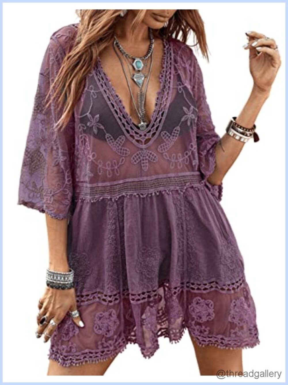 Lace Swimsuit Cover Up Sheer Mesh V-Neck 3/4 Sleeve Beach Dress